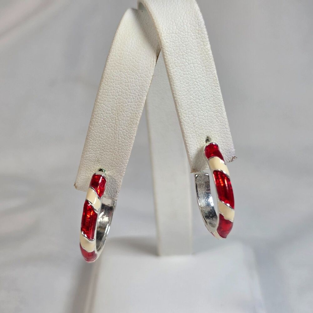 Silver Tone Red White Striped Enamel Hoop Earrings Candy Cane Christmas J Hoop
